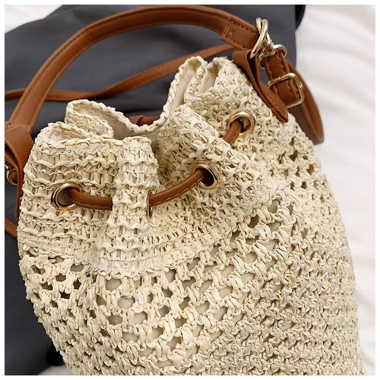 Drawstring Bucket Straw Tote Bag, Artistic Chinese Style Hollow Woven Shoulder Purse, Medium Oval Spring 2023 Daily Handbag in Khaki, Off White, Cream White