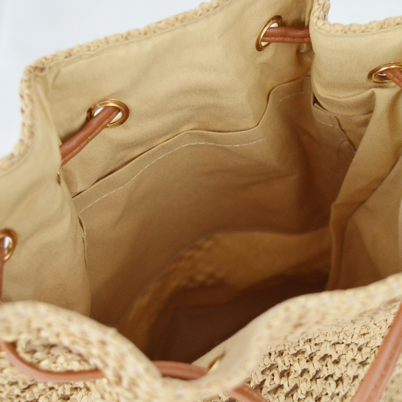 Drawstring Bucket Straw Tote Bag, Artistic Chinese Style Hollow Woven Shoulder Purse, Medium Oval Spring 2023 Daily Handbag in Khaki, Off White, Cream White