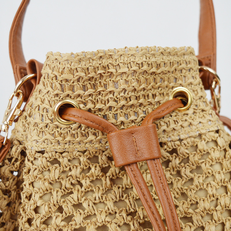 Drawstring Bucket Straw Tote Bag, Artistic Chinese Style Hollow Woven Shoulder Purse, Medium Oval Spring 2023 Daily Handbag in Khaki, Off White, Cream White