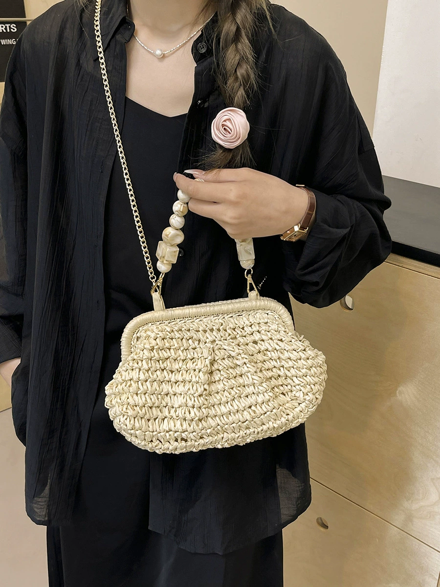Pearl Bead Clasp Shell-Shaped Straw Crossbody Bag, Minimal Urban Woven Chain Shoulder Purse, 8 Style Options Summer 2026 Handbag Khaki Off White