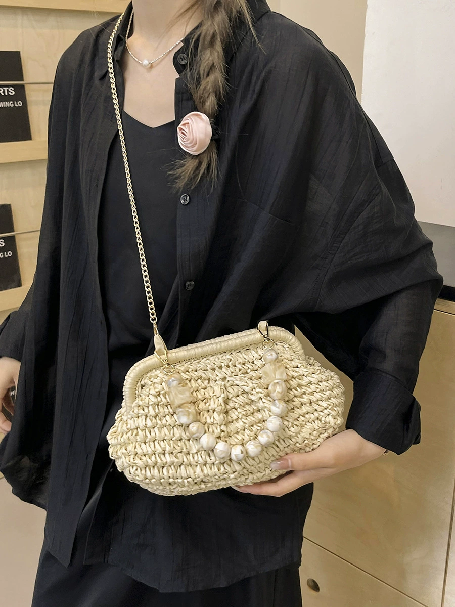 Pearl Bead Clasp Shell-Shaped Straw Crossbody Bag, Minimal Urban Woven Chain Shoulder Purse, 8 Style Options Summer 2026 Handbag Khaki Off White