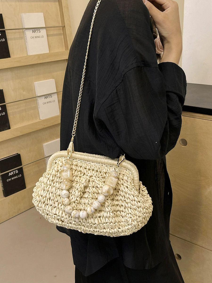 Pearl Bead Clasp Shell-Shaped Straw Crossbody Bag, Minimal Urban Woven Chain Shoulder Purse, 8 Style Options Summer 2026 Handbag Khaki Off White