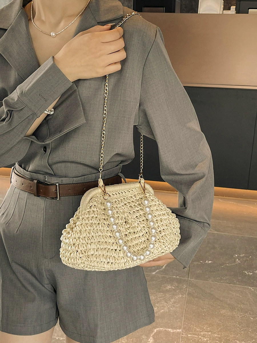 Pearl Bead Clasp Shell-Shaped Straw Crossbody Bag, Minimal Urban Woven Chain Shoulder Purse, 8 Style Options Summer 2026 Handbag Khaki Off White