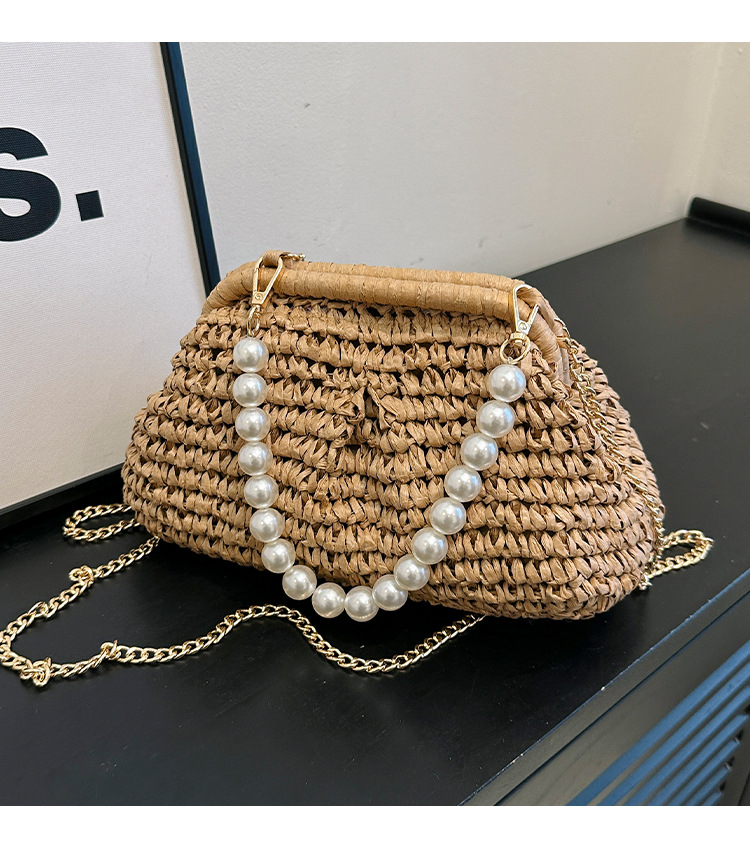 Pearl Bead Clasp Shell-Shaped Straw Crossbody Bag, Minimal Urban Woven Chain Shoulder Purse, 8 Style Options Summer 2026 Handbag Khaki Off White