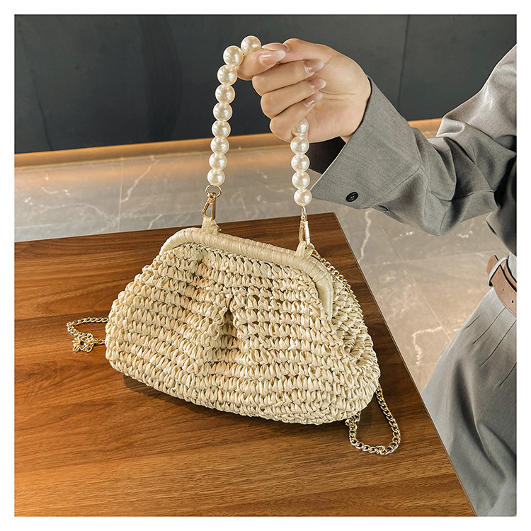 Pearl Bead Clasp Shell-Shaped Straw Crossbody Bag, Minimal Urban Woven Chain Shoulder Purse, 8 Style Options Summer 2026 Handbag Khaki Off White
