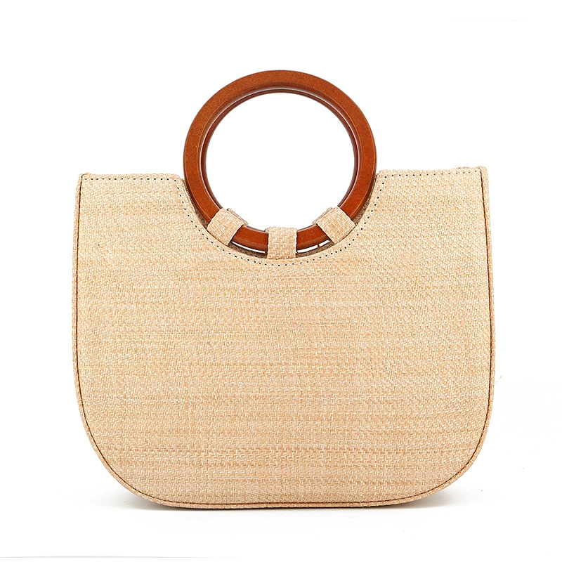 Wooden Ring Handle Heart Shaped Straw Tote Bag, Minimal Urban Drawstring Woven Handbag, Spring 2026 Daily Purse Khaki Off White In Stock