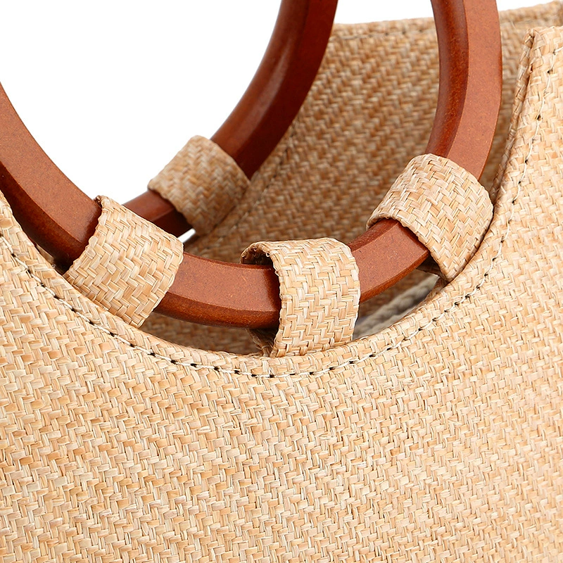 Wooden Ring Handle Heart Shaped Straw Tote Bag, Minimal Urban Drawstring Woven Handbag, Spring 2026 Daily Purse Khaki Off White In Stock