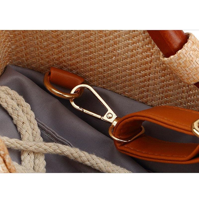 Wooden Ring Handle Heart Shaped Straw Tote Bag, Minimal Urban Drawstring Woven Handbag, Spring 2026 Daily Purse Khaki Off White In Stock