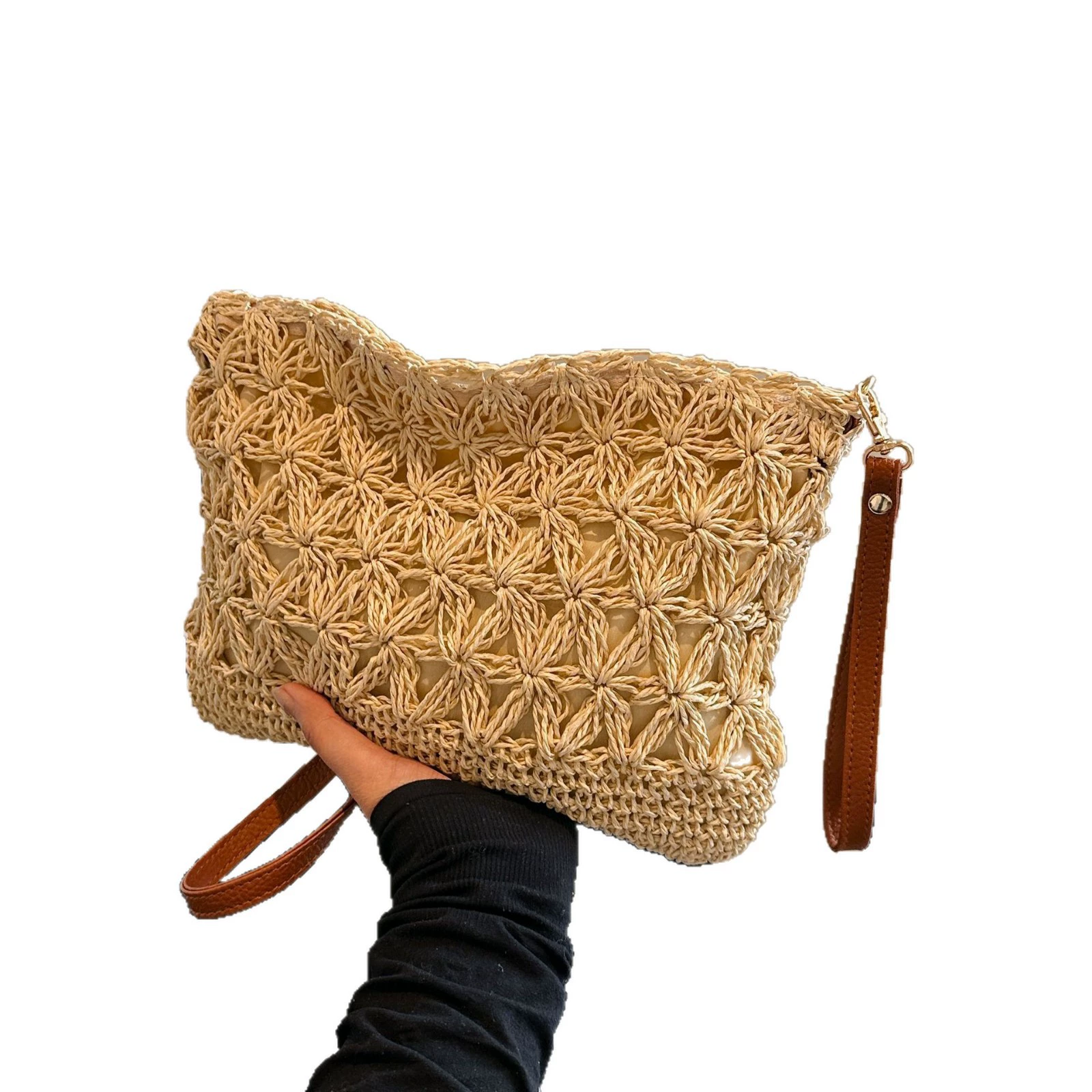 Crochet Floral Paper Woven Crossbody Bag, Street Trend Soft Horizontal Square Zip Shoulder Purse, Spring 2026 Casual Bag Off White Khaki 2 Color Options