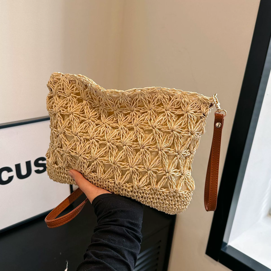 Crochet Floral Paper Woven Crossbody Bag, Street Trend Soft Horizontal Square Zip Shoulder Purse, Spring 2026 Casual Bag Off White Khaki 2 Color Options