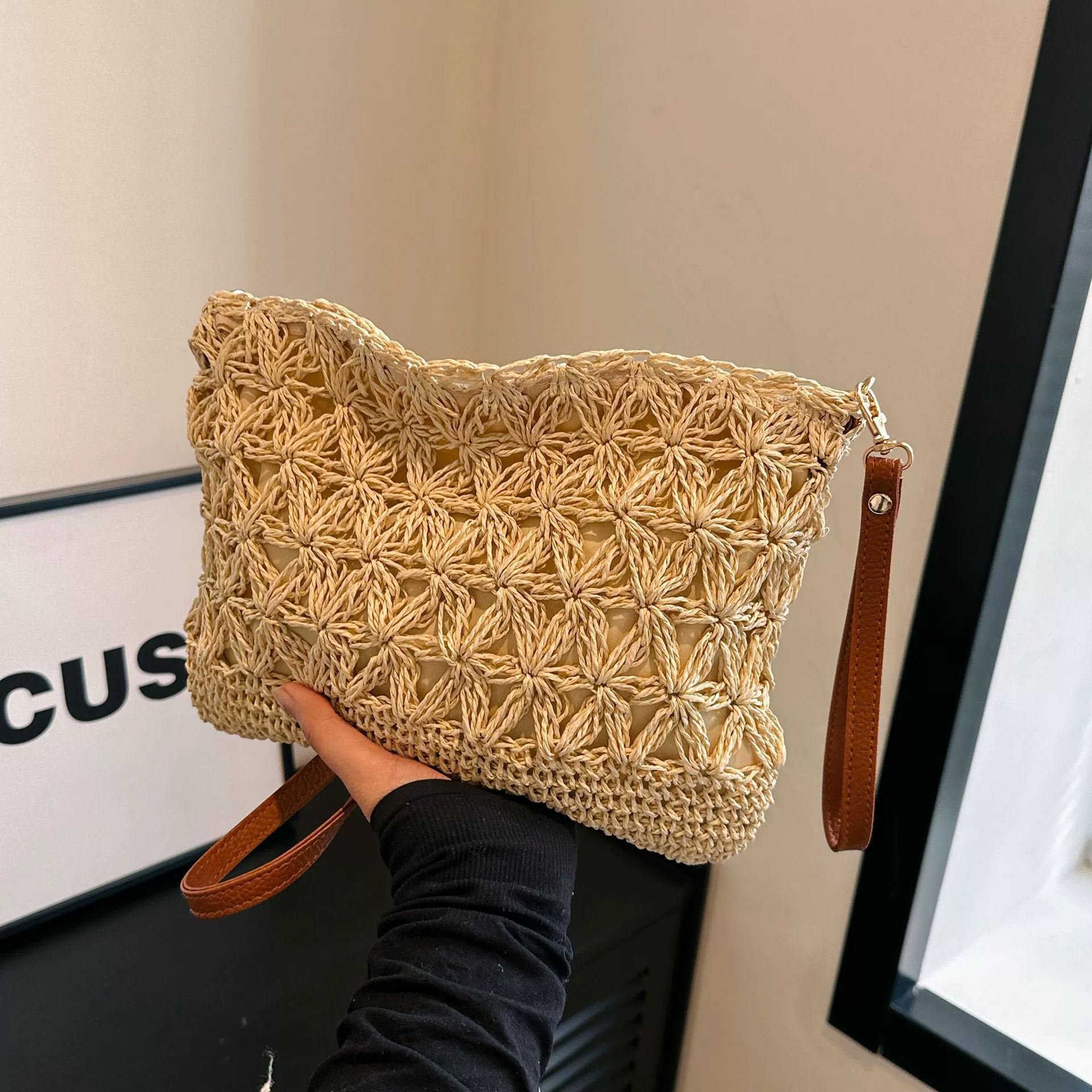 Crochet Floral Paper Woven Crossbody Bag, Street Trend Soft Horizontal Square Zip Shoulder Purse, Spring 2026 Casual Bag Off White Khaki 2 Color Options