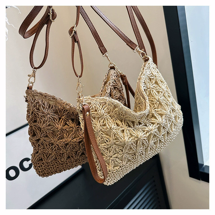Crochet Floral Paper Woven Crossbody Bag, Street Trend Soft Horizontal Square Zip Shoulder Purse, Spring 2026 Casual Bag Off White Khaki 2 Color Options