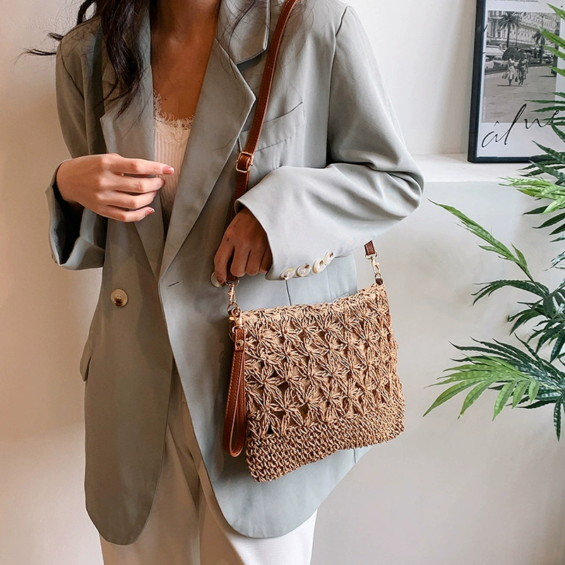Crochet Floral Paper Woven Crossbody Bag, Street Trend Soft Horizontal Square Zip Shoulder Purse, Spring 2026 Casual Bag Off White Khaki 2 Color Options