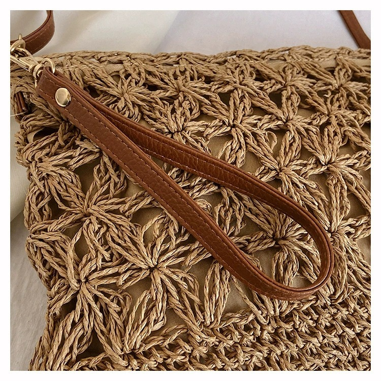 Crochet Floral Paper Woven Crossbody Bag, Street Trend Soft Horizontal Square Zip Shoulder Purse, Spring 2026 Casual Bag Off White Khaki 2 Color Options