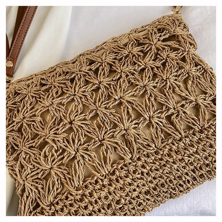 Crochet Floral Paper Woven Crossbody Bag, Street Trend Soft Horizontal Square Zip Shoulder Purse, Spring 2026 Casual Bag Off White Khaki 2 Color Options