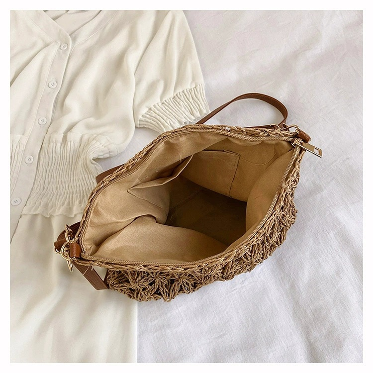 Crochet Floral Paper Woven Crossbody Bag, Street Trend Soft Horizontal Square Zip Shoulder Purse, Spring 2026 Casual Bag Off White Khaki 2 Color Options