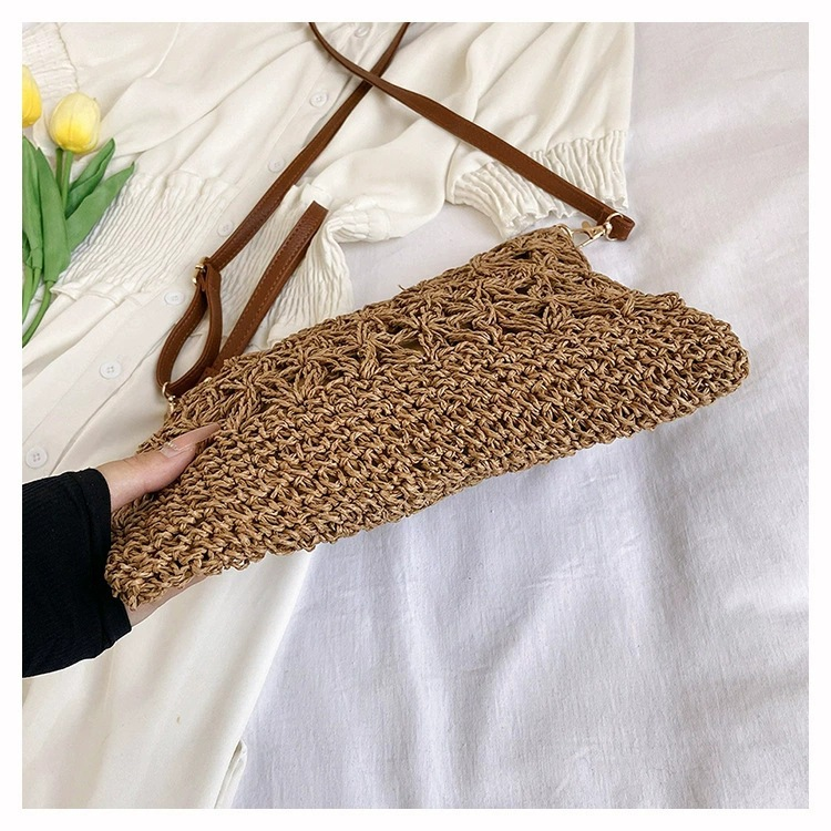 Crochet Floral Paper Woven Crossbody Bag, Street Trend Soft Horizontal Square Zip Shoulder Purse, Spring 2026 Casual Bag Off White Khaki 2 Color Options