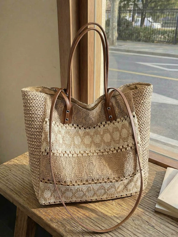 Striped Hollow Straw Large Tote Bag, Cross-border Trend Zipper Woven Shoulder Purse, Summer 2026 Horizontal Square Beach Handbag Khaki Off White