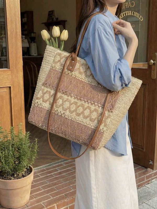 Striped Hollow Straw Large Tote Bag, Cross-border Trend Zipper Woven Shoulder Purse, Summer 2026 Horizontal Square Beach Handbag Khaki Off White