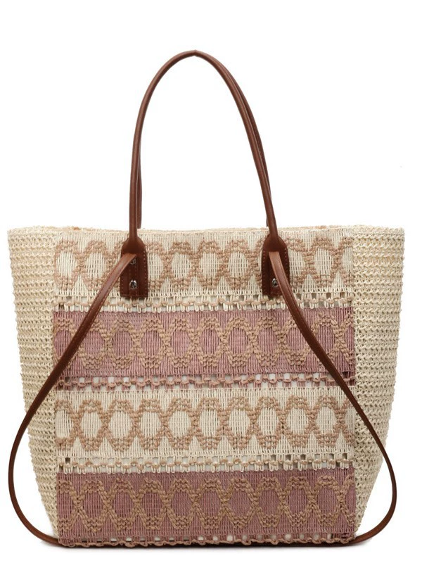 Striped Hollow Straw Large Tote Bag, Cross-border Trend Zipper Woven Shoulder Purse, Summer 2026 Horizontal Square Beach Handbag Khaki Off White