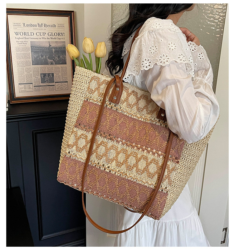 Striped Hollow Straw Large Tote Bag, Cross-border Trend Zipper Woven Shoulder Purse, Summer 2026 Horizontal Square Beach Handbag Khaki Off White