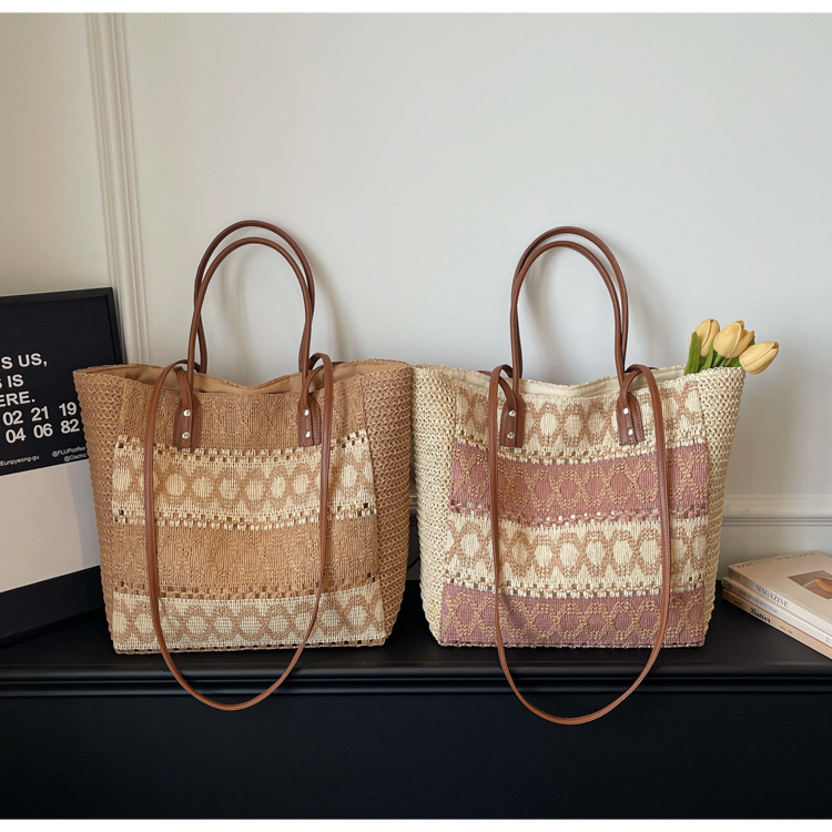 Striped Hollow Straw Large Tote Bag, Cross-border Trend Zipper Woven Shoulder Purse, Summer 2026 Horizontal Square Beach Handbag Khaki Off White