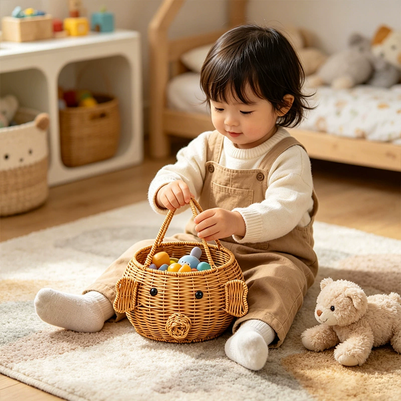 Cute Animal Wicker Toy Storage Basket with Handles – Kids Room Nursery Organizer
