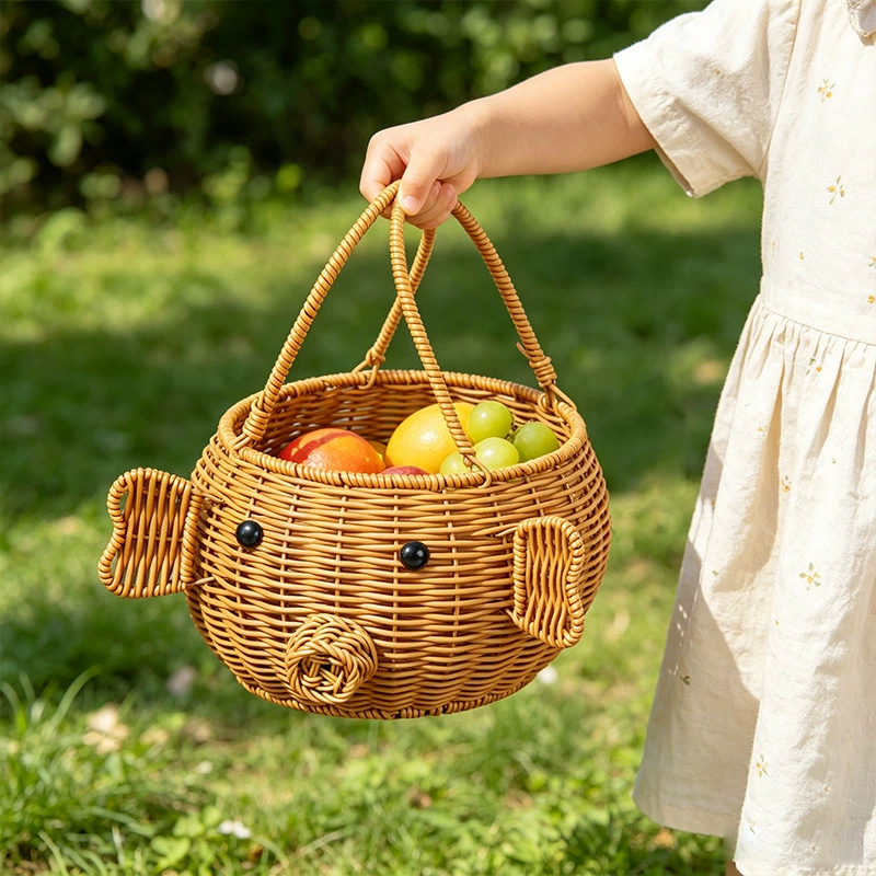 Cute Animal Wicker Toy Storage Basket with Handles – Kids Room Nursery Organizer