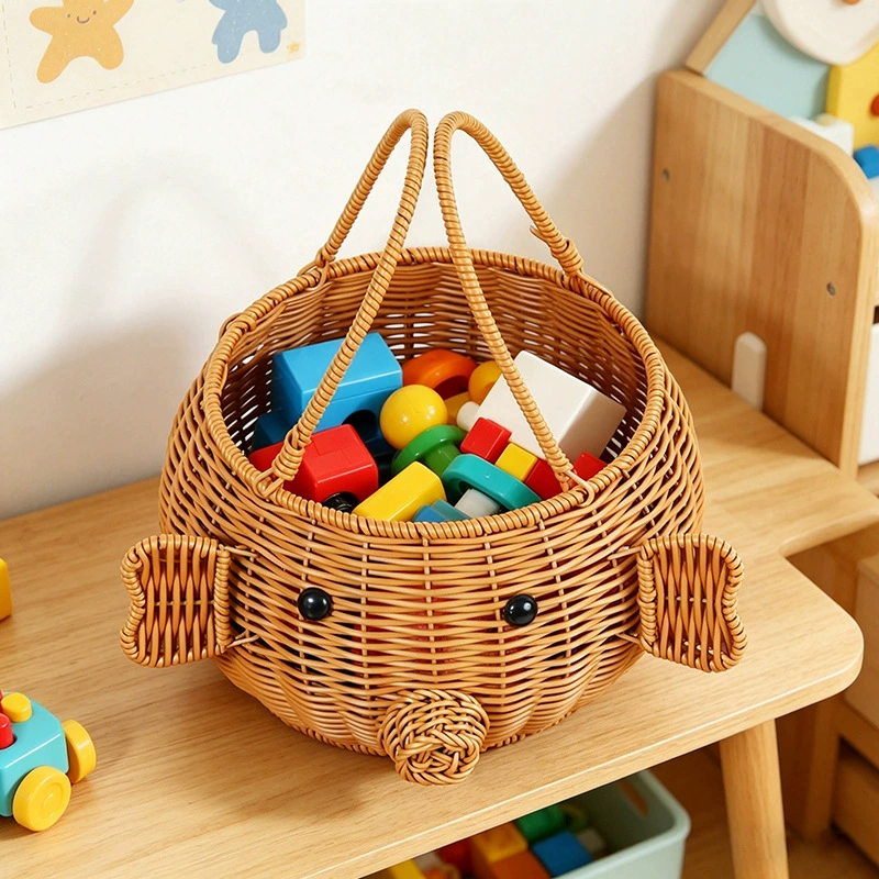 Cute Animal Wicker Toy Storage Basket with Handles – Kids Room Nursery Organizer