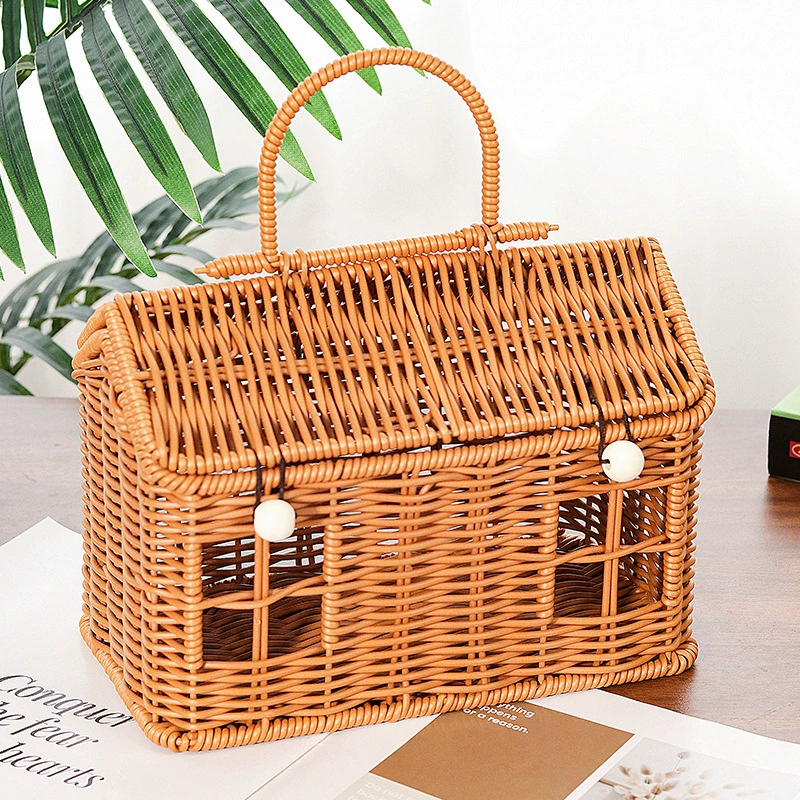 Hand-Woven Rattan-Style Cottage Storage Basket | Portable House Gift Box with Handle