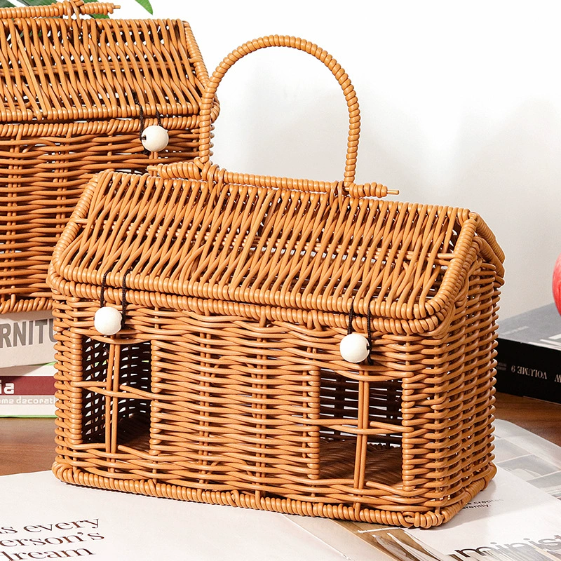 Hand-Woven Rattan-Style Cottage Storage Basket | Portable House Gift Box with Handle
