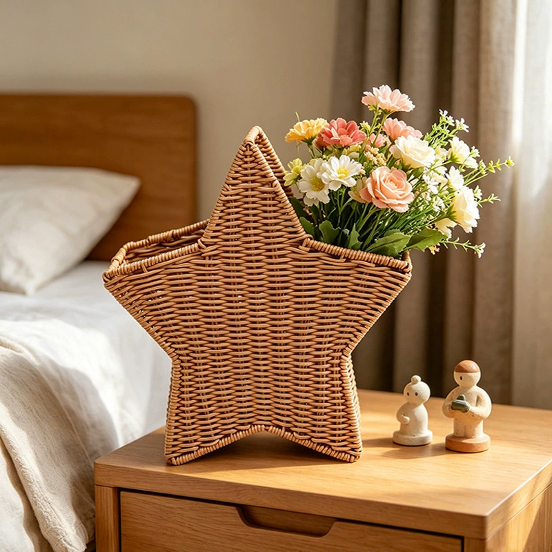 Hand-Woven Star-Shaped Rattan Flower Basket | Decorative Tabletop Vase & Storage Organizer