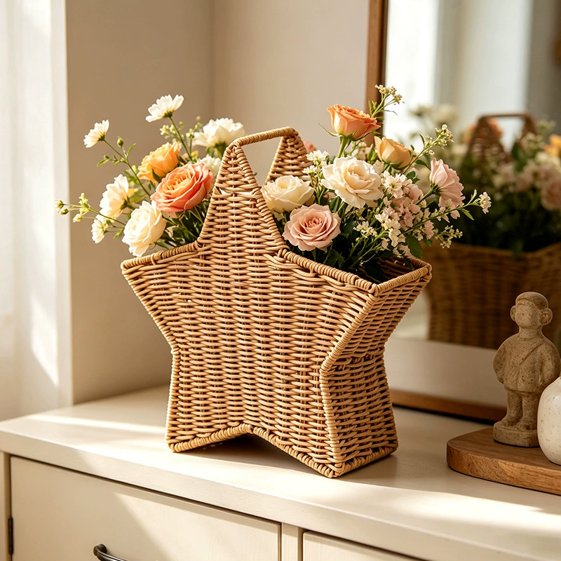 Hand-Woven Star-Shaped Rattan Flower Basket | Decorative Tabletop Vase & Storage Organizer