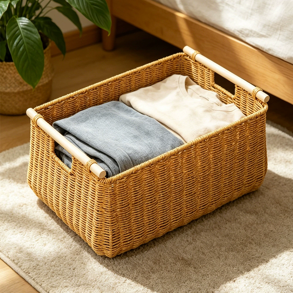 Hand-Woven Wicker Storage Basket with Wooden Handles | Waterproof Rattan-Style Organizer Bin for Laundry, Closet & Bathroom