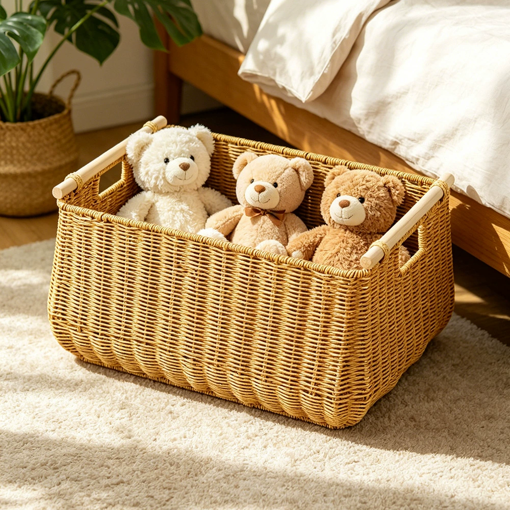 Hand-Woven Wicker Storage Basket with Wooden Handles | Waterproof Rattan-Style Organizer Bin for Laundry, Closet & Bathroom