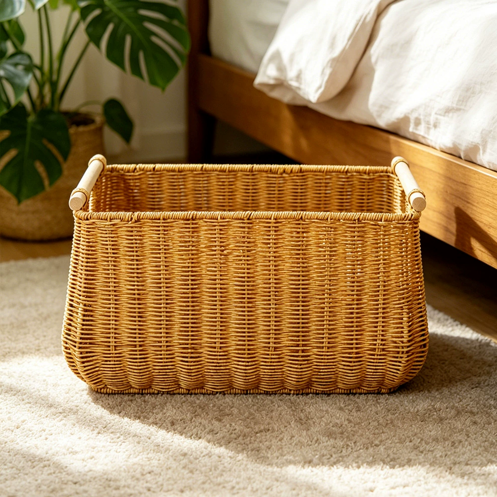 Hand-Woven Wicker Storage Basket with Wooden Handles | Waterproof Rattan-Style Organizer Bin for Laundry, Closet & Bathroom