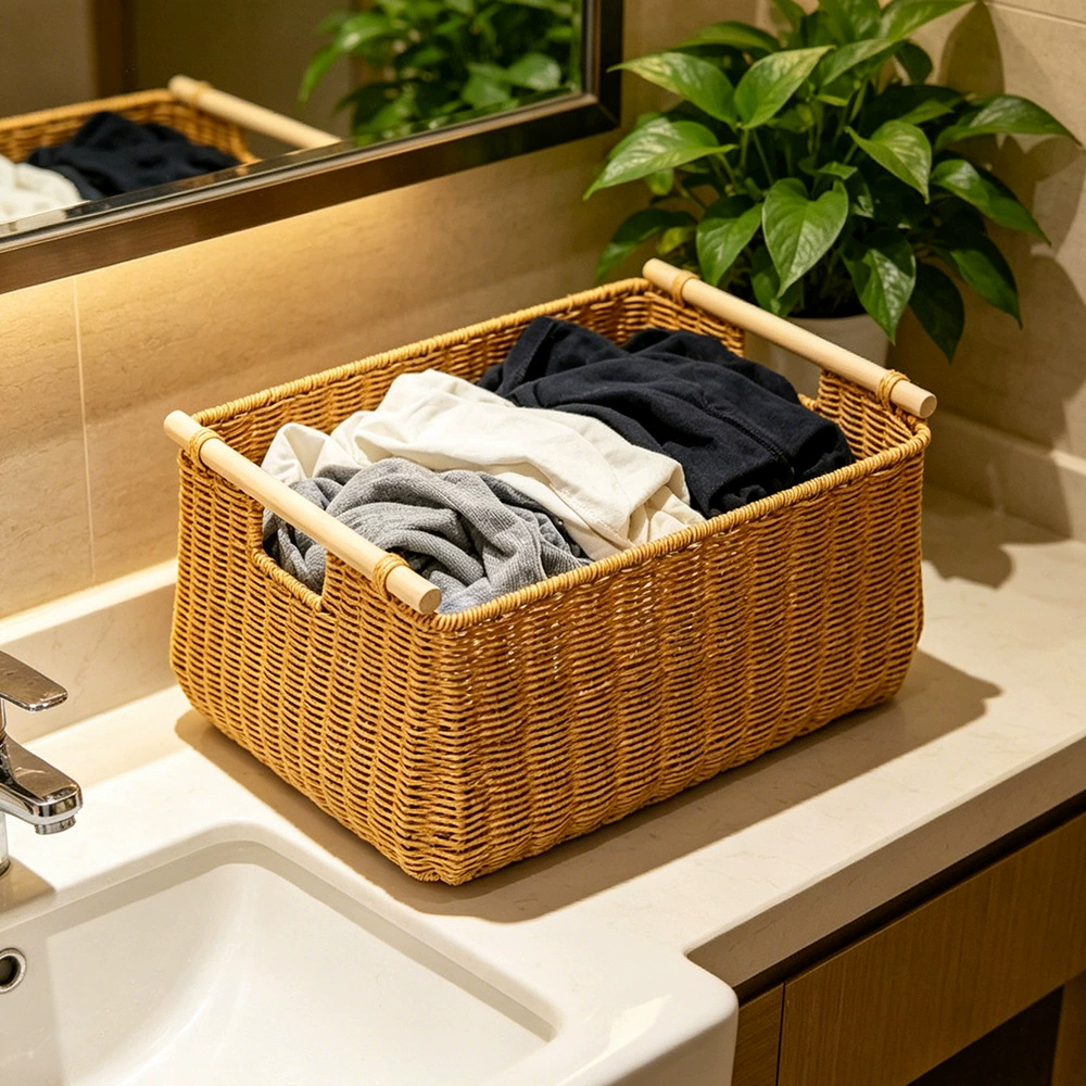 Hand-Woven Wicker Storage Basket with Wooden Handles | Waterproof Rattan-Style Organizer Bin for Laundry, Closet & Bathroom
