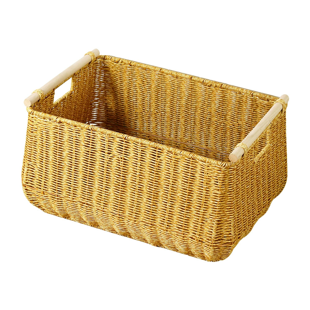 Hand-Woven Wicker Storage Basket with Wooden Handles | Waterproof Rattan-Style Organizer Bin for Laundry, Closet & Bathroom
