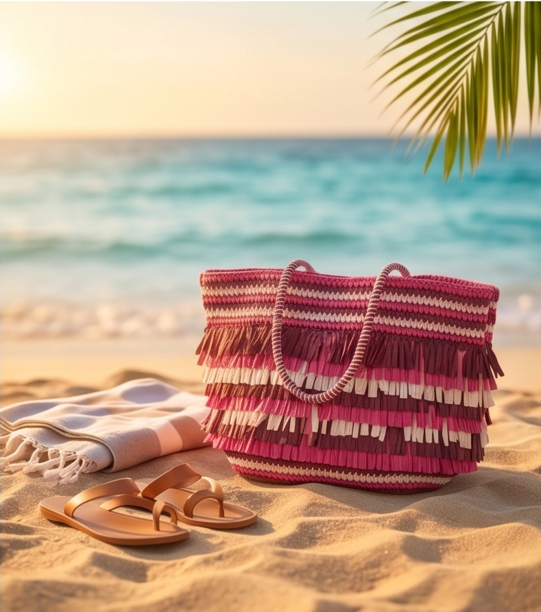 Wholesale Premium Handmade Fringe Raffia Tote Bag | Color-Block Summer Beach Straw Handbag for Women | Artisanstraw B2B