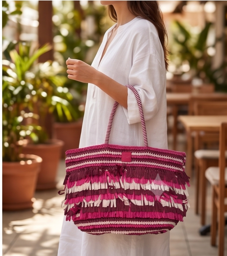 Wholesale Premium Handmade Fringe Raffia Tote Bag | Color-Block Summer Beach Straw Handbag for Women | Artisanstraw B2B