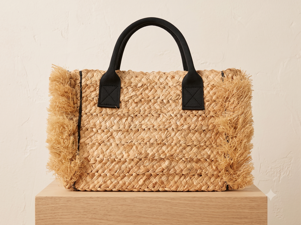 Handwoven Raffia Tote Bag with Fringe | Natural Straw Beach Bag with Black Handles | Wholesale