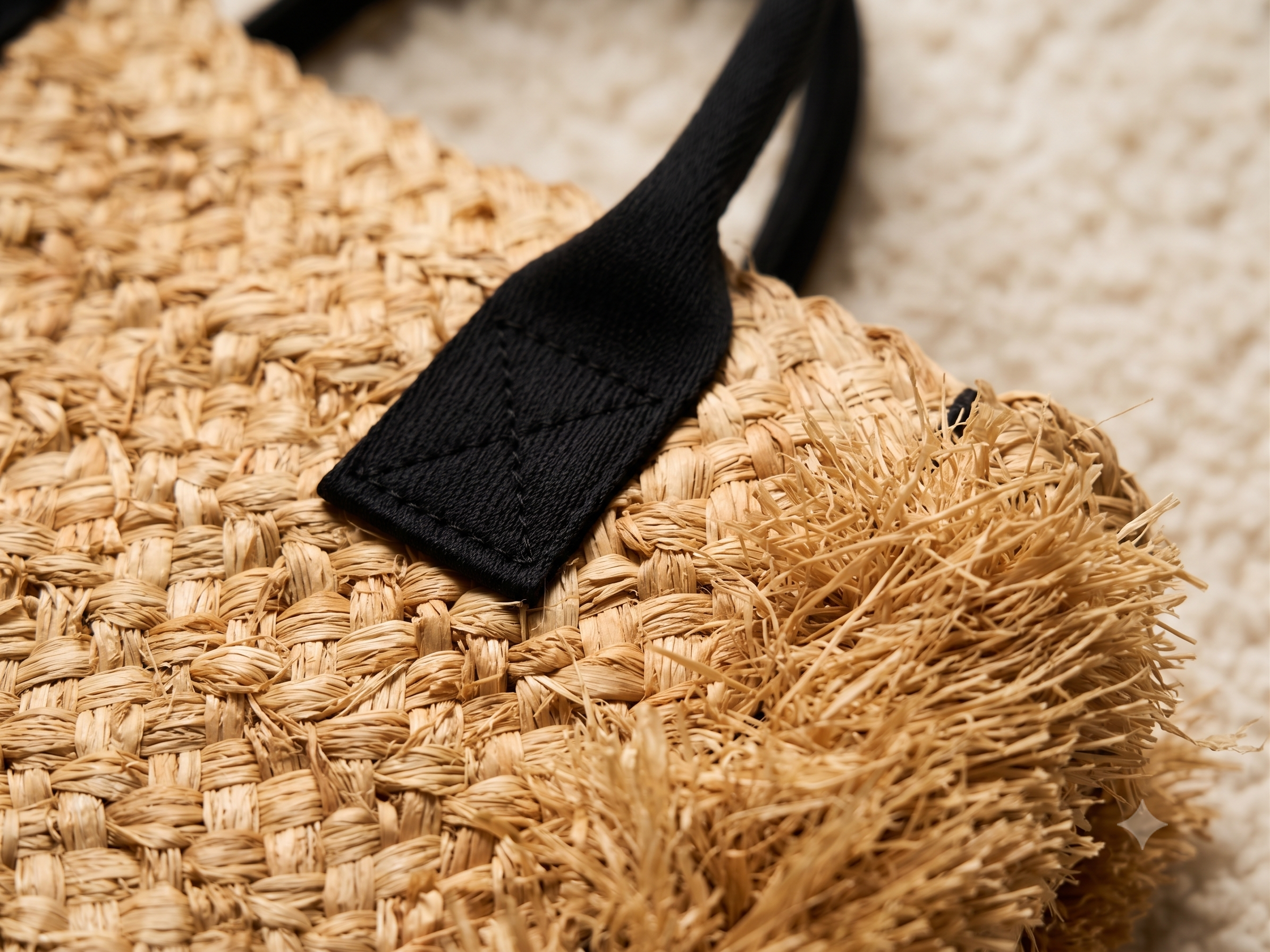 Handwoven Raffia Tote Bag with Fringe | Natural Straw Beach Bag with Black Handles | Wholesale