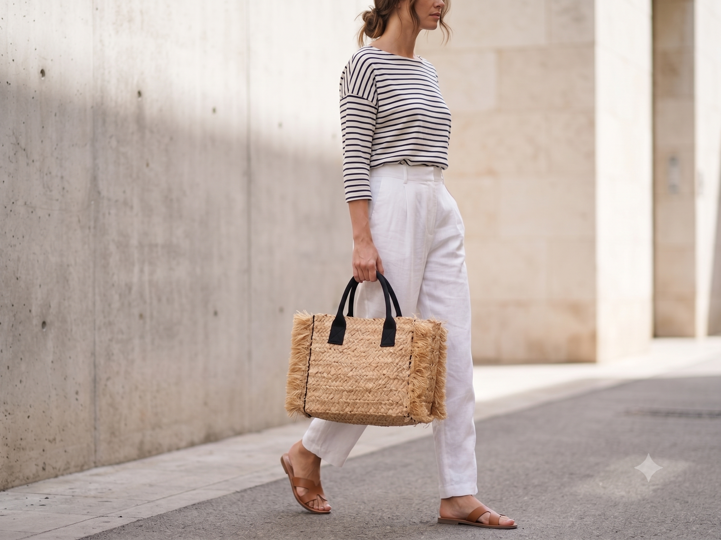 Handwoven Raffia Tote Bag with Fringe | Natural Straw Beach Bag with Black Handles | Wholesale