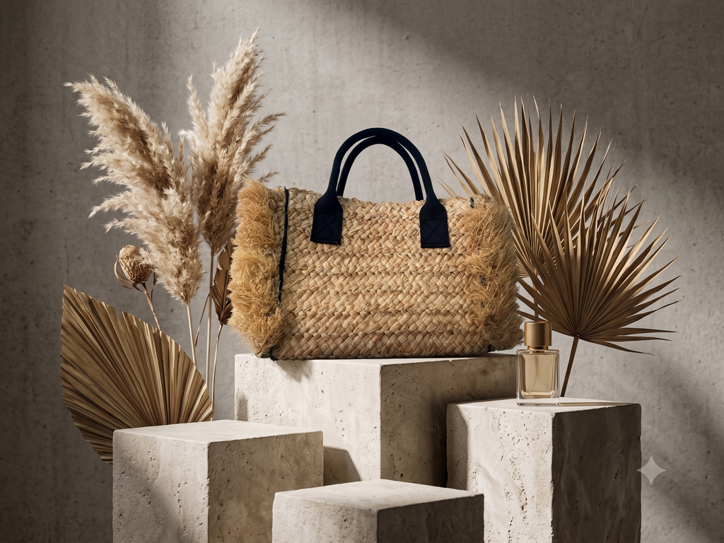 Handwoven Raffia Tote Bag with Fringe | Natural Straw Beach Bag with Black Handles | Wholesale