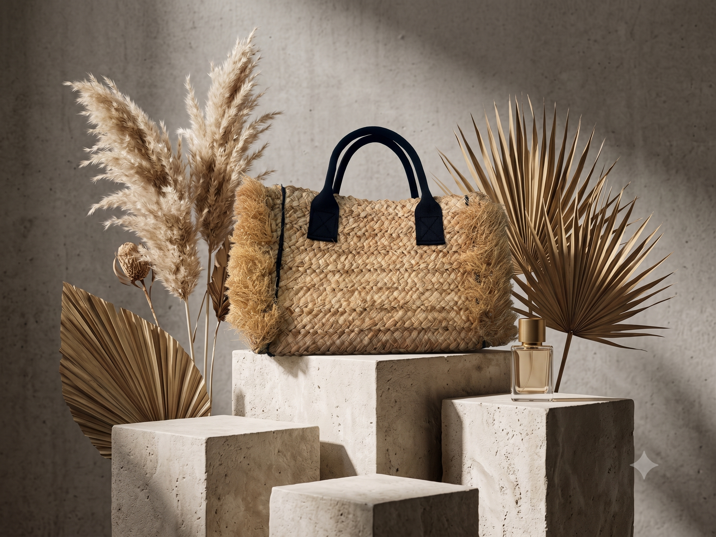 Handwoven Raffia Tote Bag with Fringe | Natural Straw Beach Bag with Black Handles | Wholesale