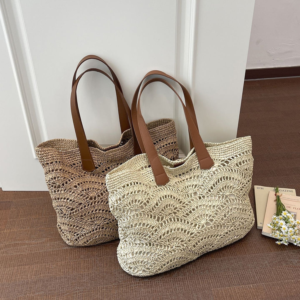 Bohemian Dream: Wavy Openwork Straw Tote Bag with Brown Leather Handles