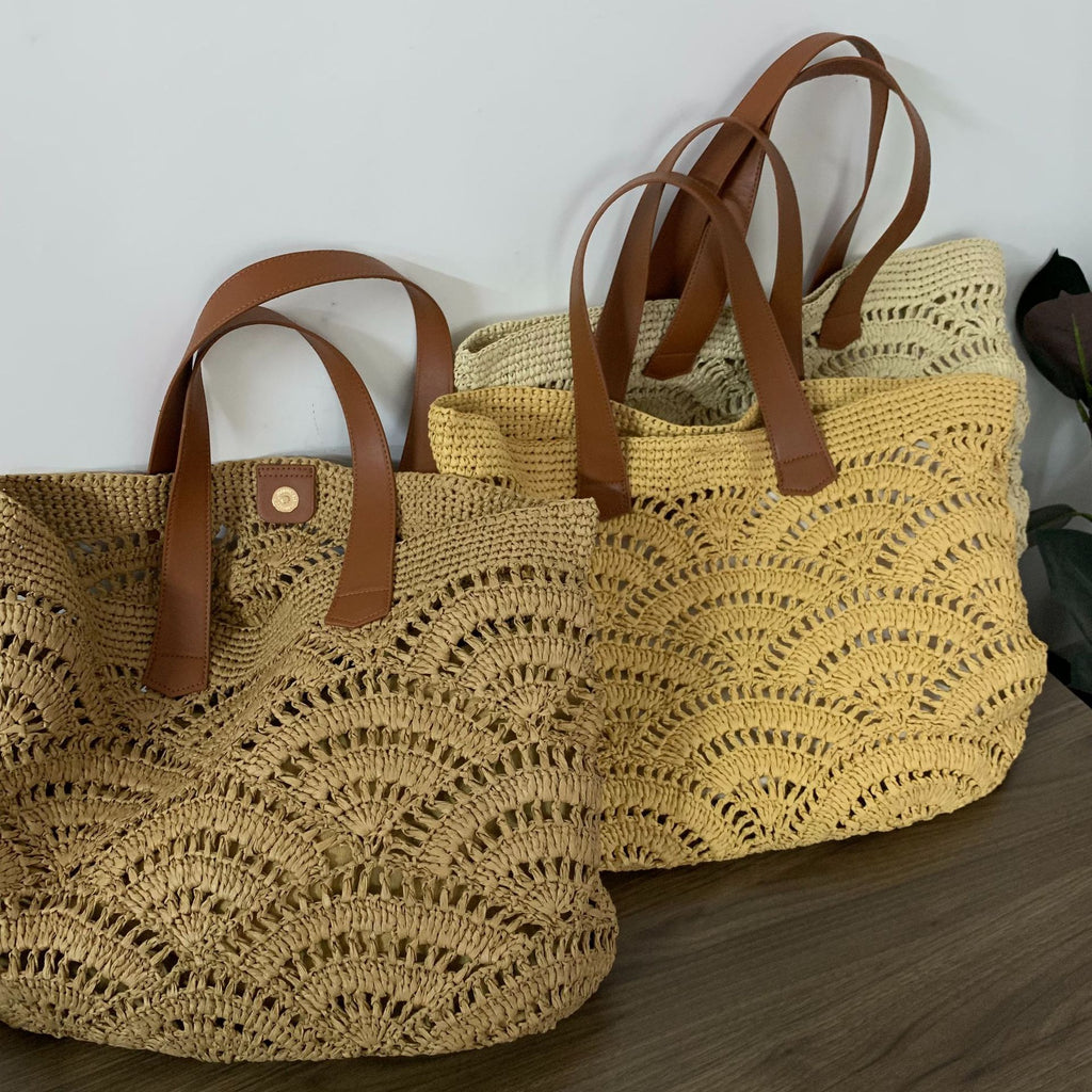 Bohemian Dream: Wavy Openwork Straw Tote Bag with Brown Leather Handles