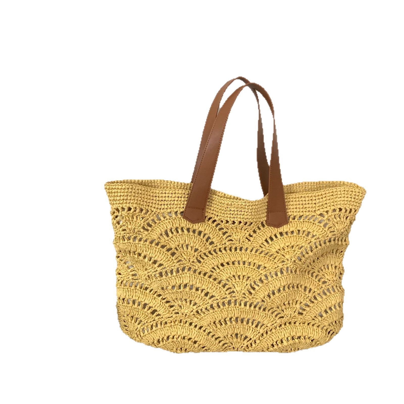 Bohemian Dream: Wavy Openwork Straw Tote Bag with Brown Leather Handles