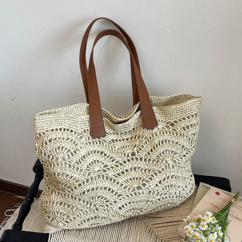 Bohemian Dream: Wavy Openwork Straw Tote Bag with Brown Leather Handles