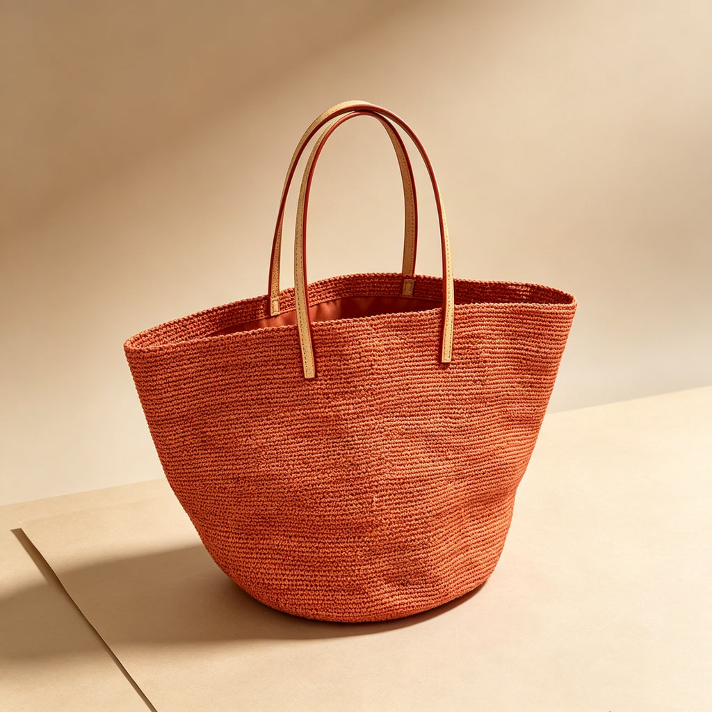 Large Woven Raffia Tote Bag Terracotta Orange, Casual Straw Shoulder Bag for Women Travel Beach